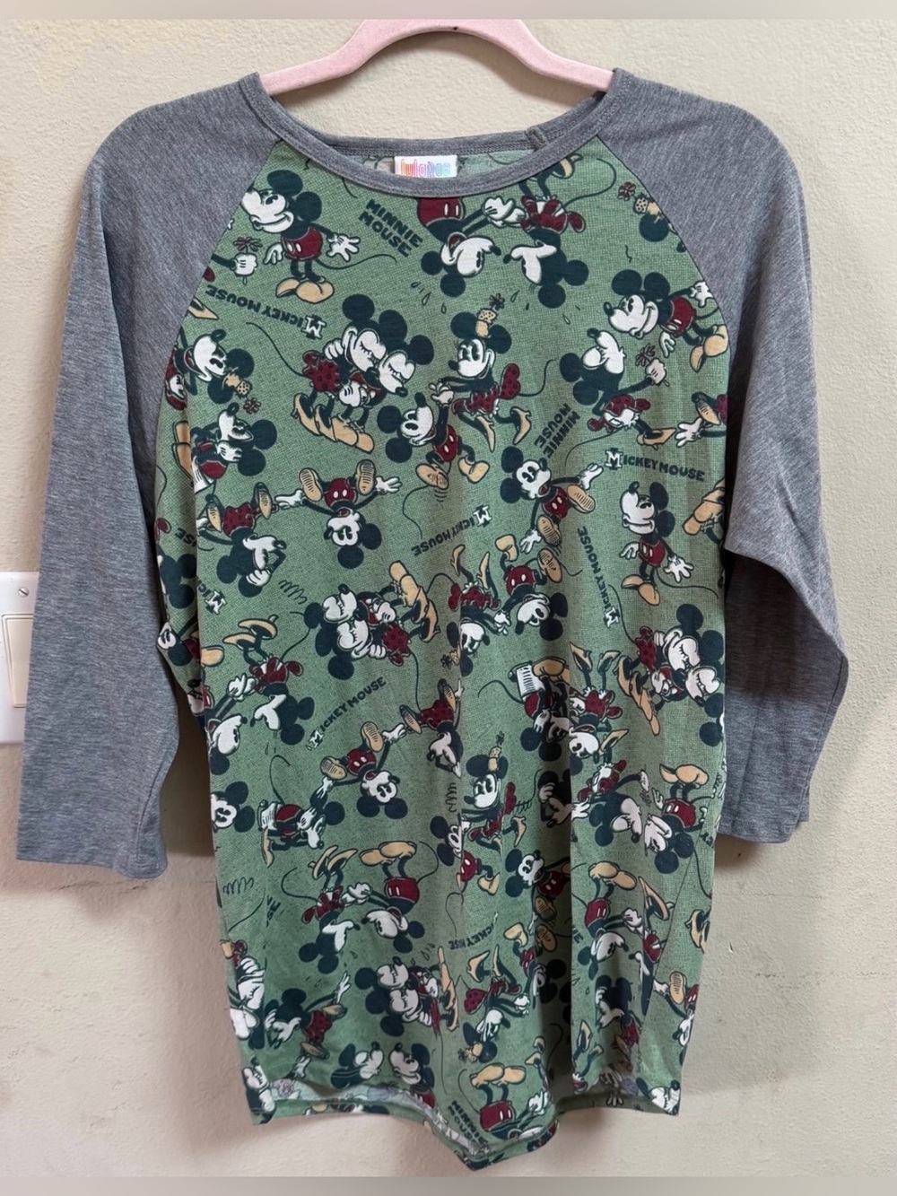 LuLaRoe Green and Gray Mickey Mouse Raglan Long Sleeve Top